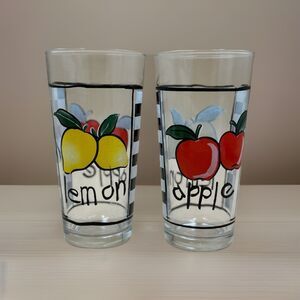 Vintage KIG Retro Novelty Lemon & Apple Painted Tumblers/Juice Glasses Set Of 2